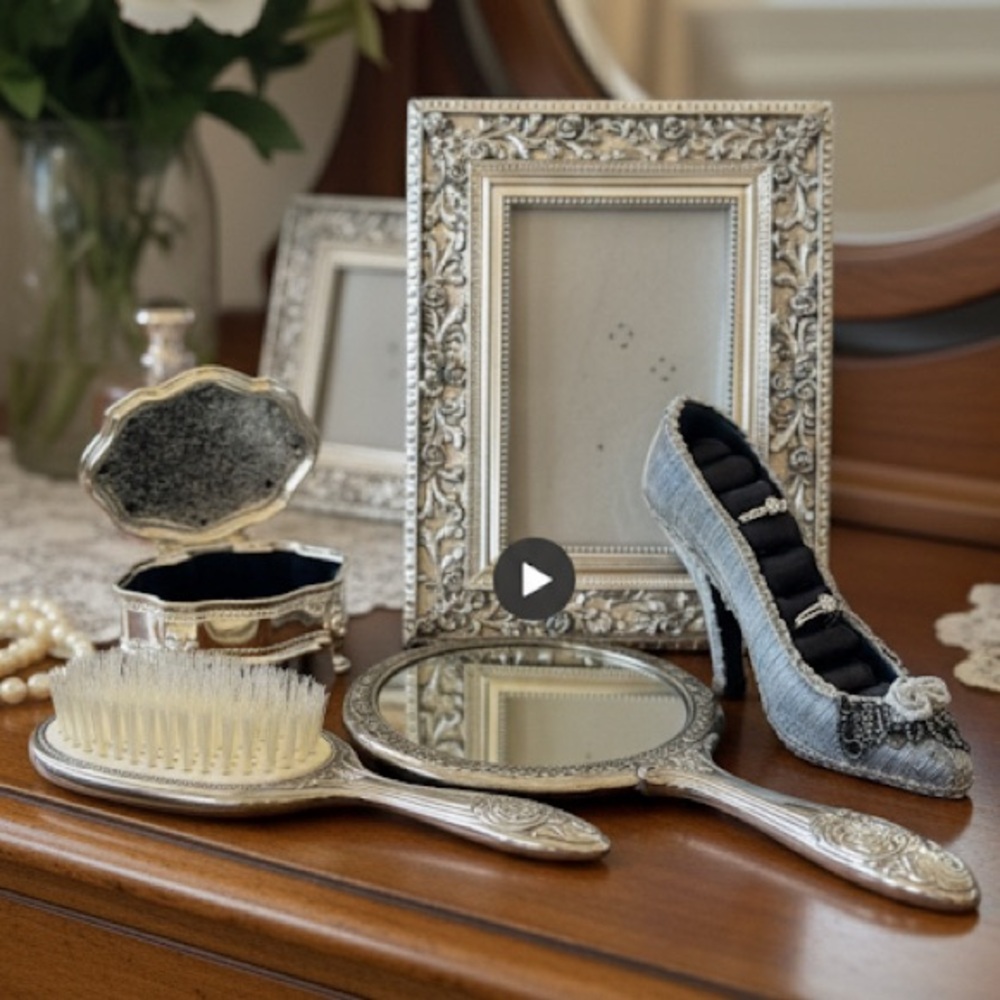 Vintage Silver Vanity Set Ornate Mirror, Brush, Trinket Box with Victorian Charm - Picture 5 of 16